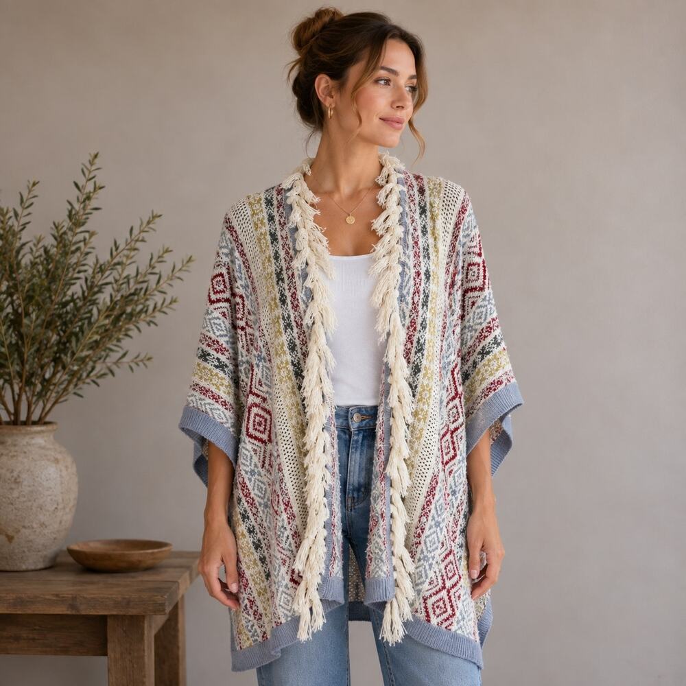Cabi Red Blue Gold Off White Siesta Poncho XS/S